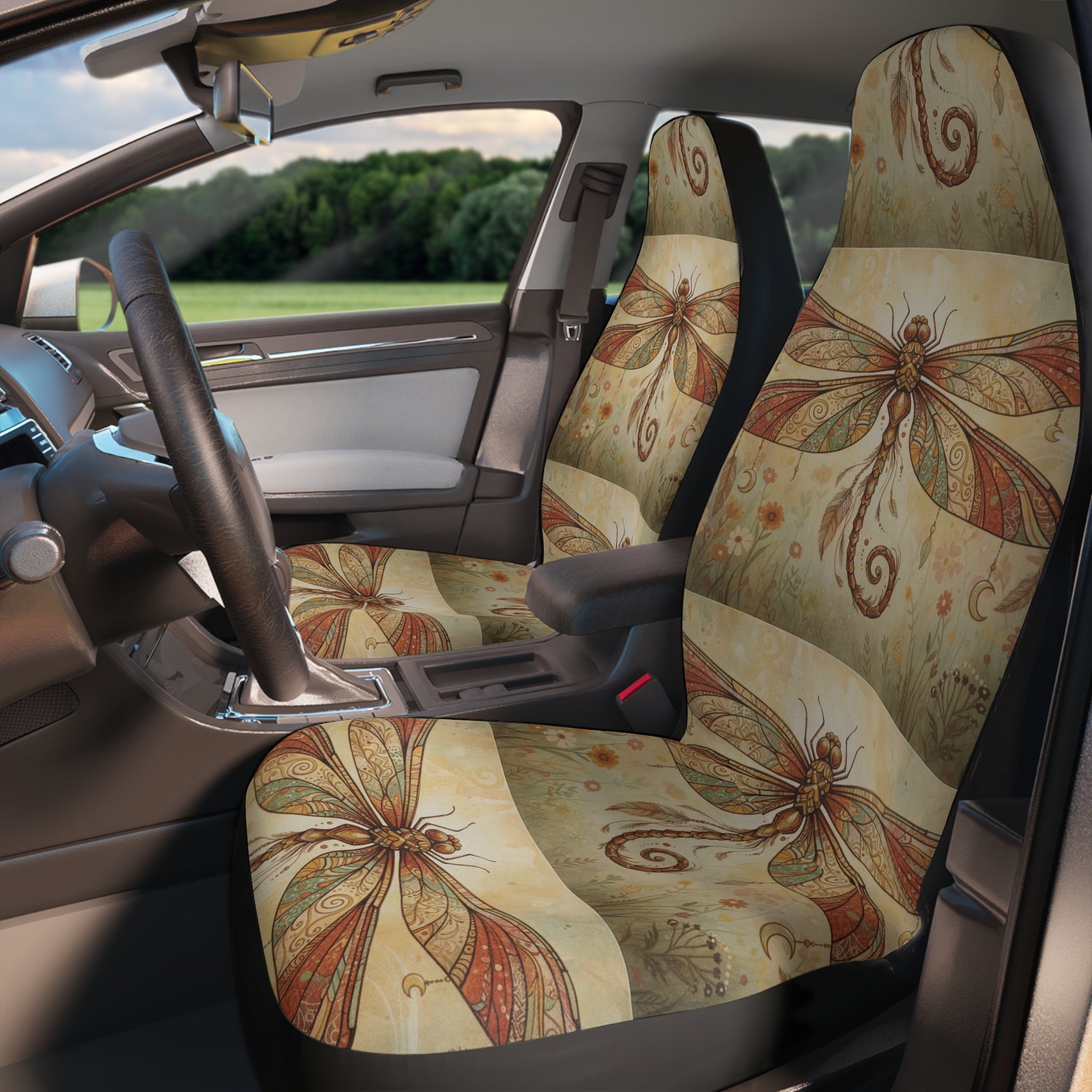 Boho Dragonfly Car Seat Covers — Vintage Floral Polyester Front Seat Protectors