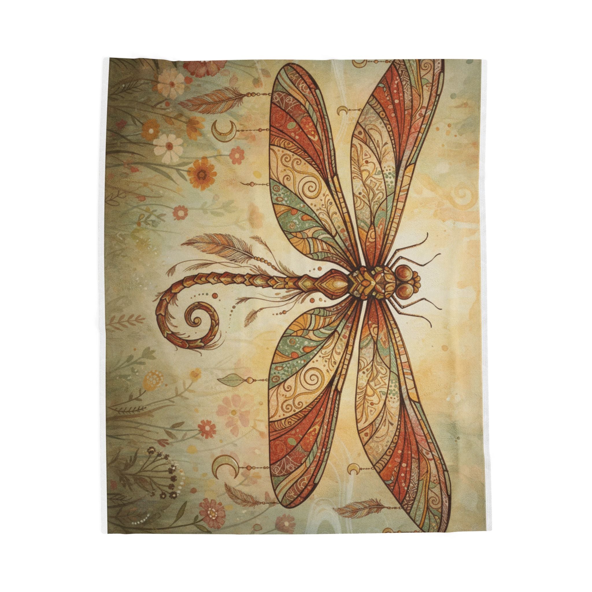 Boho Dragonfly Velveteen Plush Blanket – Cozy Vintage Floral Throw
