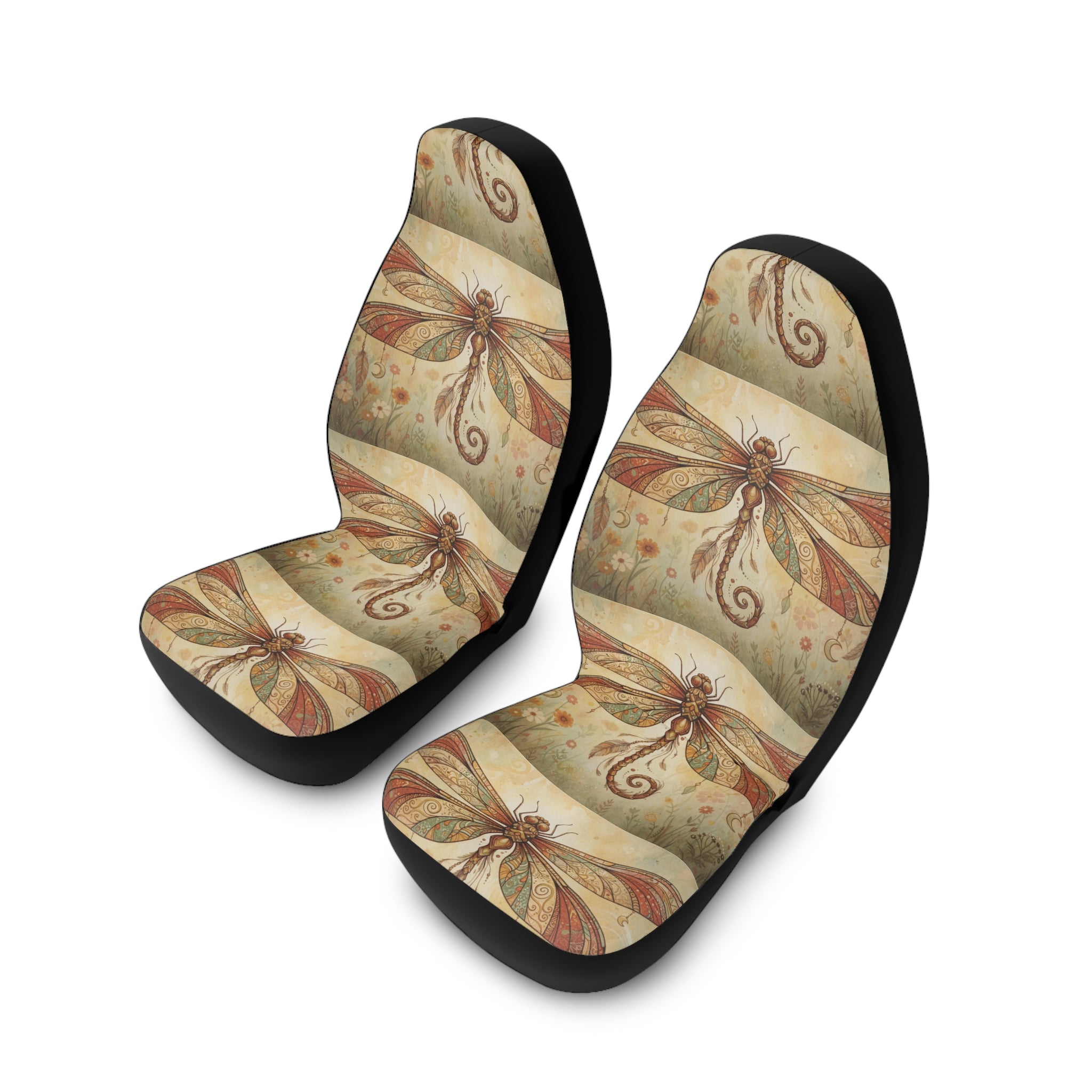 Boho Dragonfly Car Seat Covers — Vintage Floral Polyester Front Seat Protectors