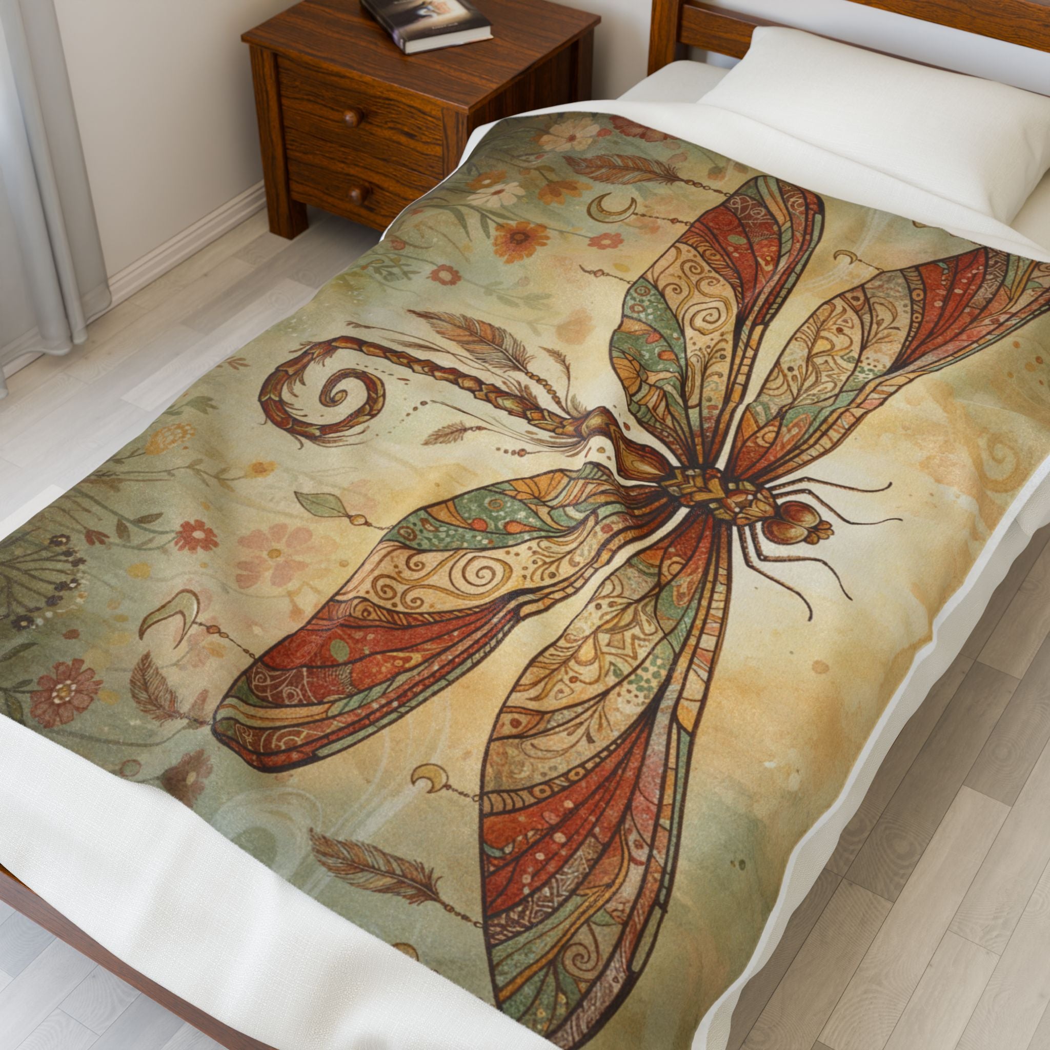 Boho Dragonfly Velveteen Plush Blanket – Cozy Vintage Floral Throw